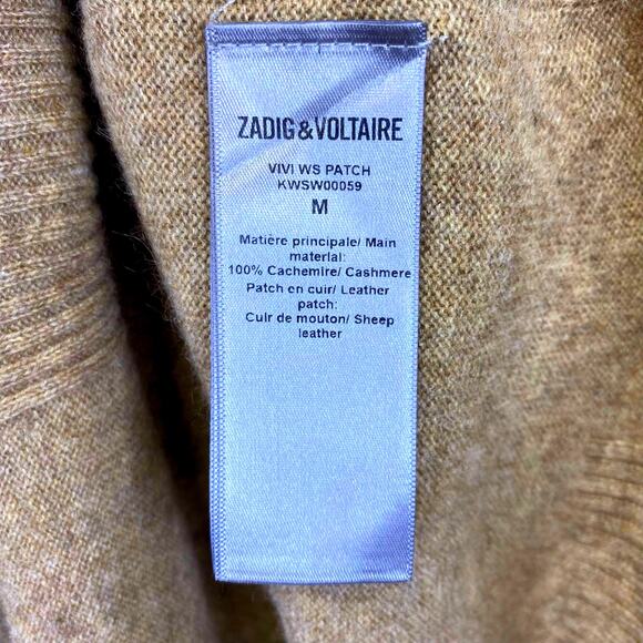Zadig & Voltaire Vivi WS Gold Star Elbow Patch Cashmere Sweater M Oatmeal Deep V - Picture 7 of 13
